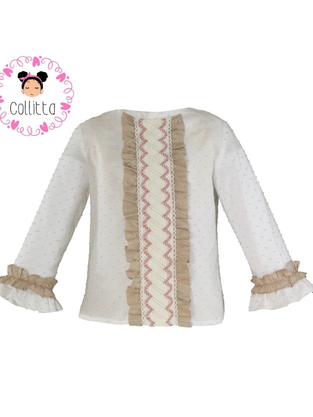 Collitta Beige & White Ruffle-Front Doll Blouse